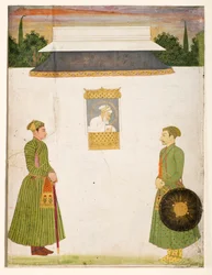 Emperor Aurangzeb at a Jharokha Window, Two Noblemen in the Foreground